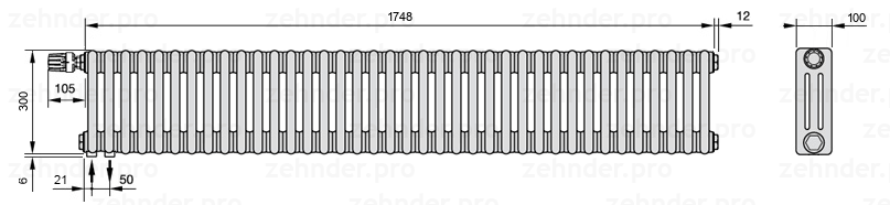 Схема (чертеж) Радиатор Zehnder Charleston 3030/38 №V001 Белый глянцевый RAL 9016